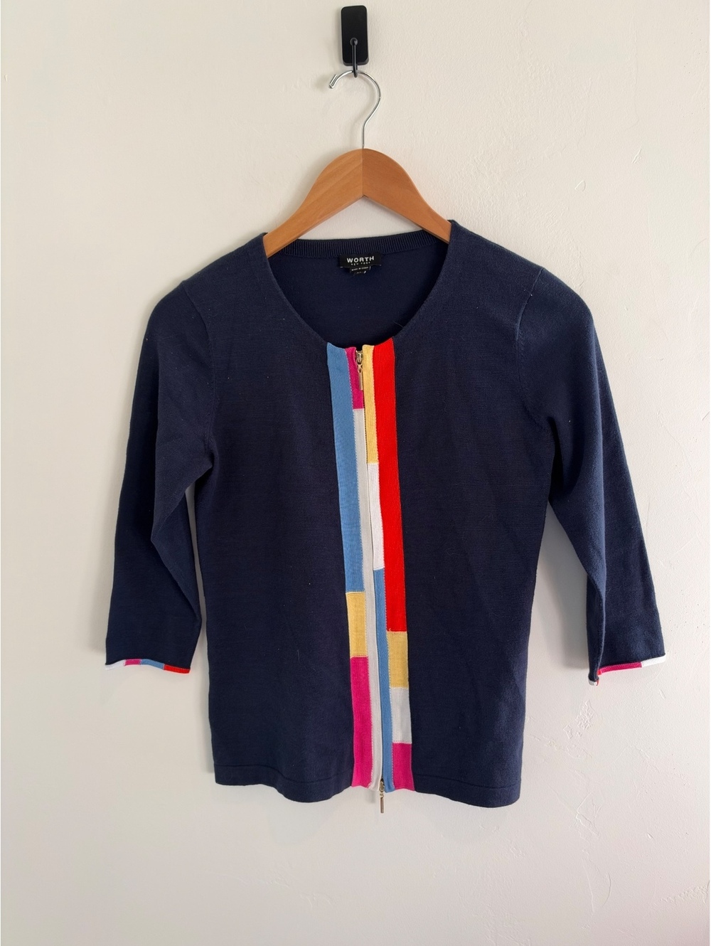 Worth New York Navy Multicolor Zip Cardigan Sweater Women’s XS Petite